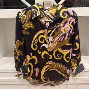 L'AGENCE Black and Gold Blouse with Pink Accents